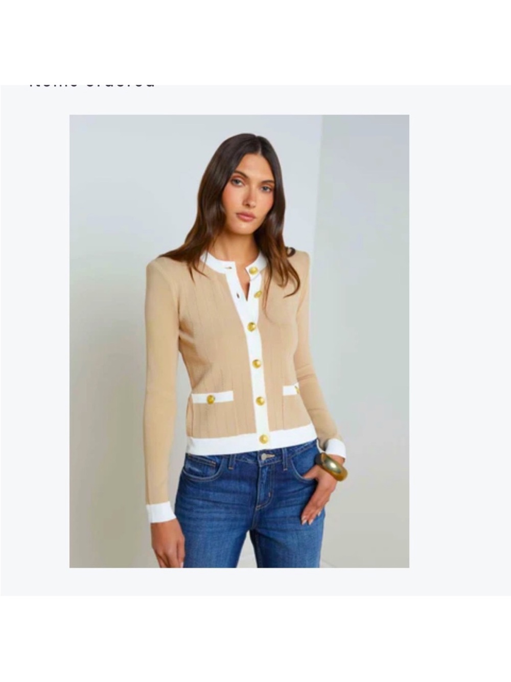 L'AGENCE Leon Knit Cardigan with Gold Button, Biscuit/White M